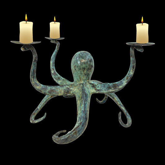 Octopus candelabra  candlestick Cephalopod Sealife Statue Candle Holder nautical tabletop decor Verdigris genuine Bronze art - Acadia World Traders