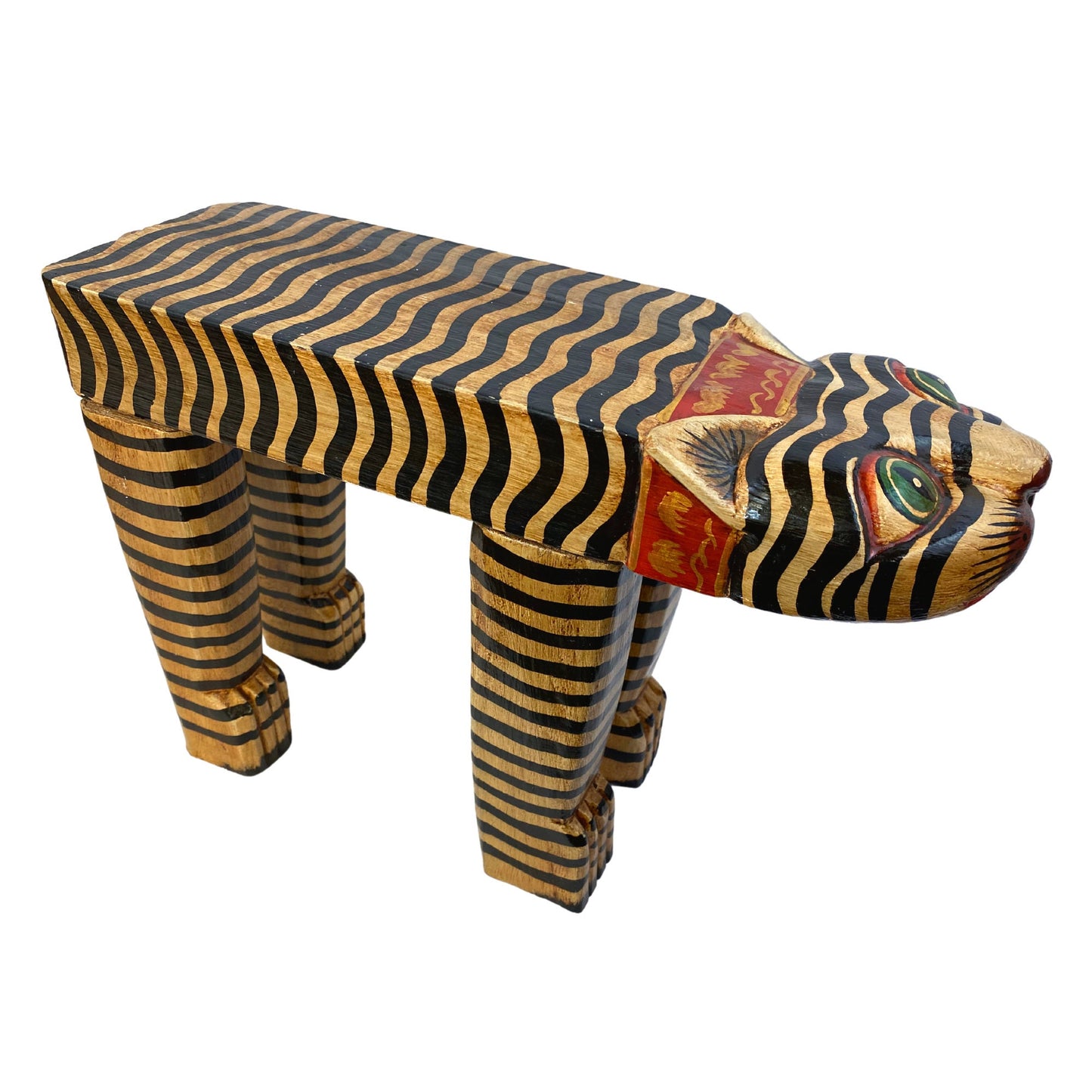 Tiger Cat Plant Stand Black & Beige Stripe Dots Leopard Spots Balinese Hand Carved Wood Carving Feline Bali Folk Art Wooden Stool - Acadia World Traders