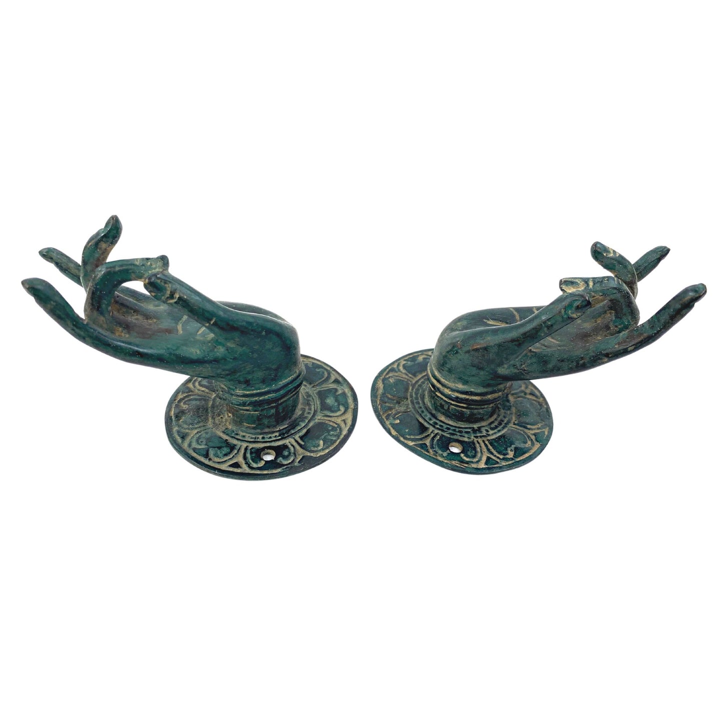 Buddha Blessing Mudra Hands Door Handle Knob Cabinet Pull wall hook Lost wax cast Verdigris Solid Bronze Bali Art Set 2 - Acadia World Traders