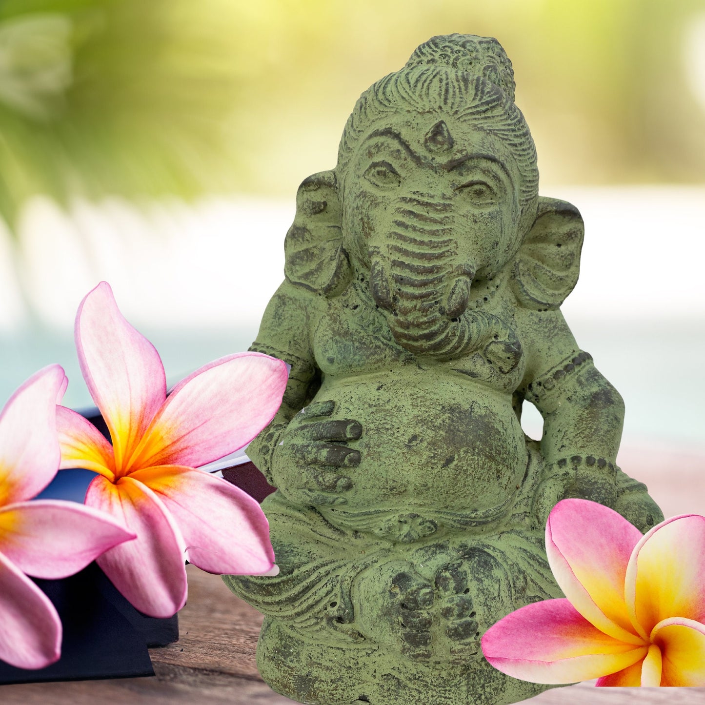 Ganapati Baby Ganesha Small Garden Statue Elephant God Handmade Cast lava stone Sculpture Bali Art Eclectic Garden Decor