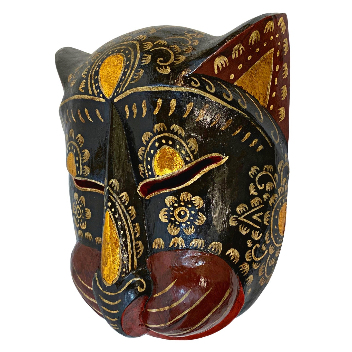 Balinese Black Cat Mask Kitty Tattoo Feline Drama Mask Bali folk Art hand carved wooden wall decor Wood Carving cat lover gift