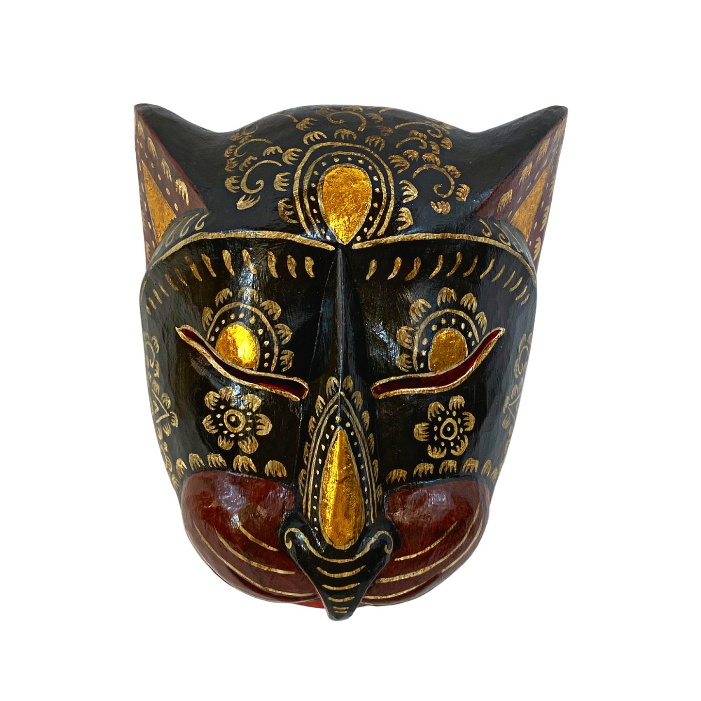 Balinese Black Cat Mask Kitty Tattoo Feline Drama Mask Bali folk Art hand carved wooden wall decor Wood Carving cat lover gift