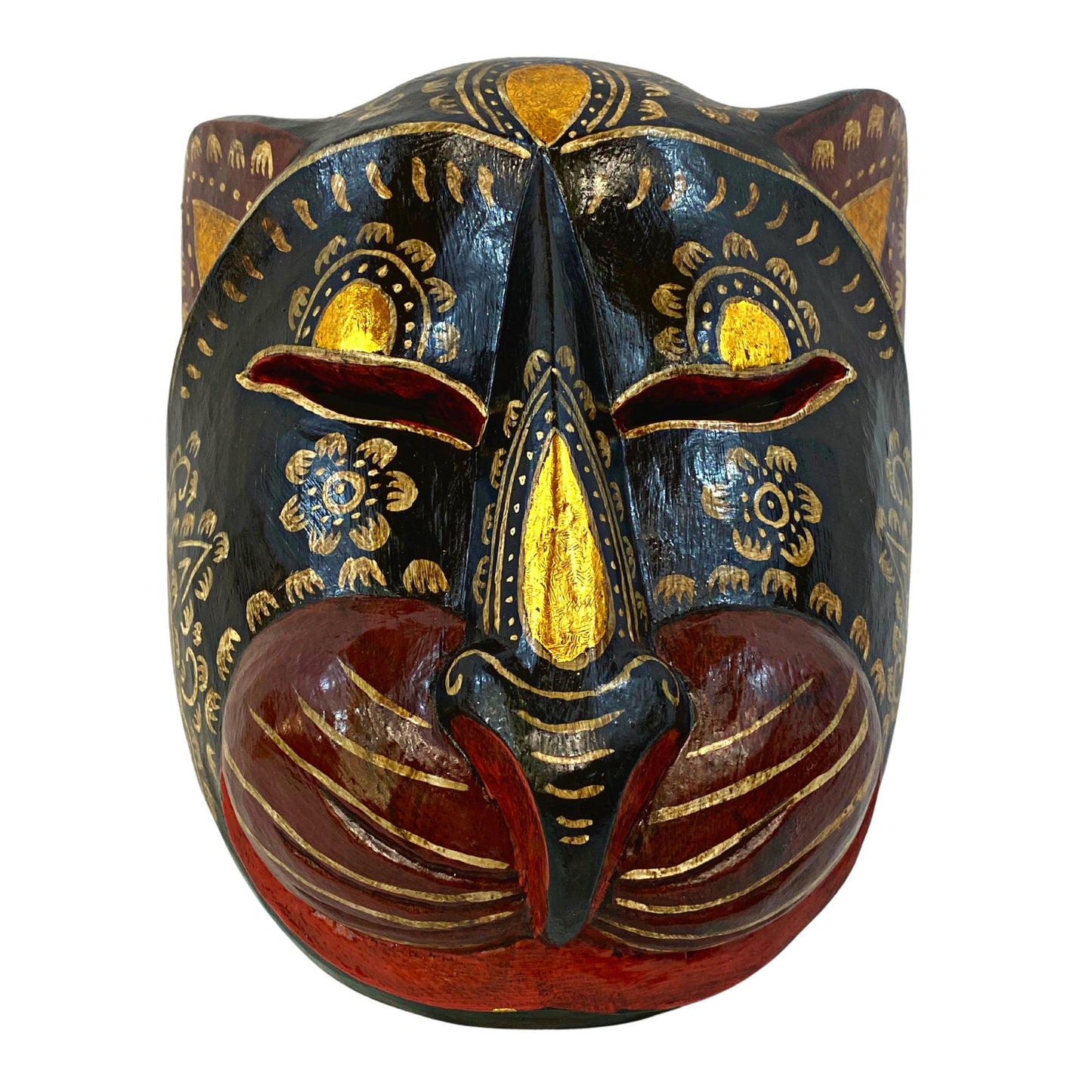 Balinese Black Cat Mask Kitty Tattoo Feline Drama Mask Bali folk Art hand carved wooden wall decor Wood Carving cat lover gift