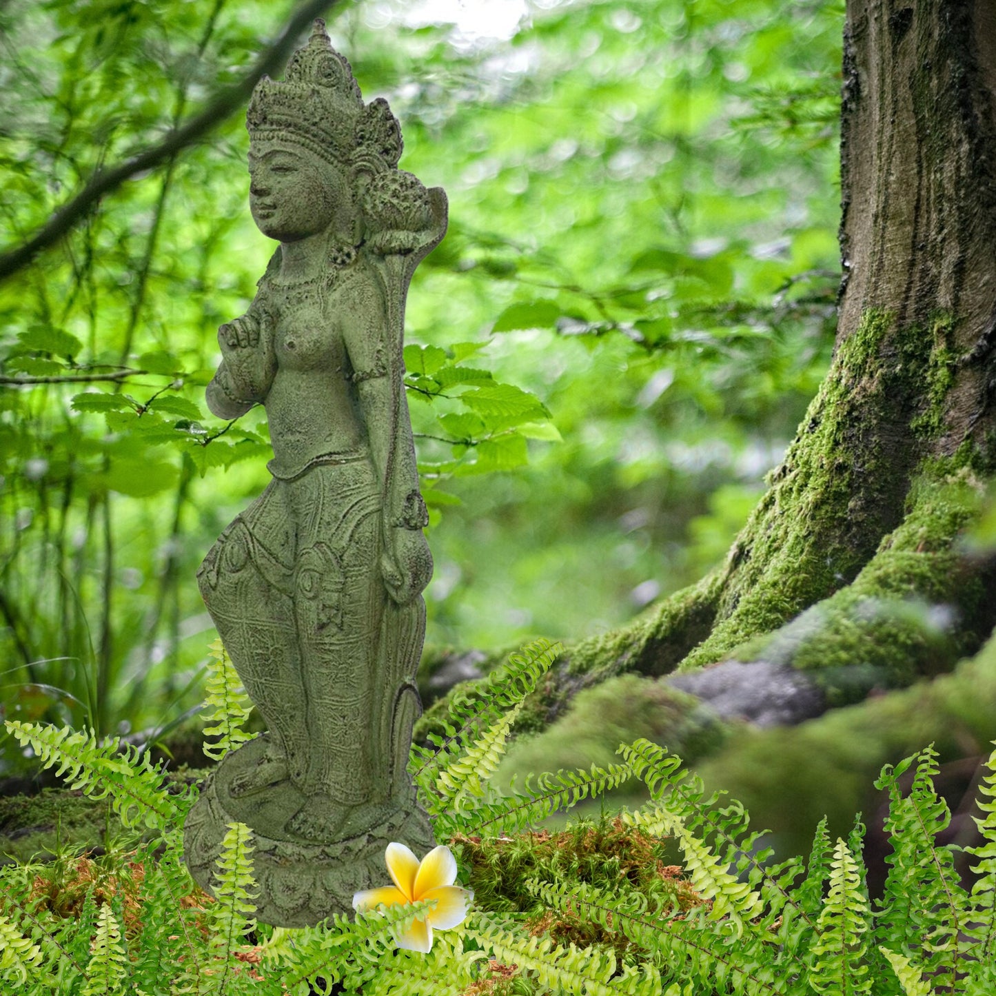 Balinese Dewi Tara Statue: Resin Volcanic Sand Lotus Garden Decor