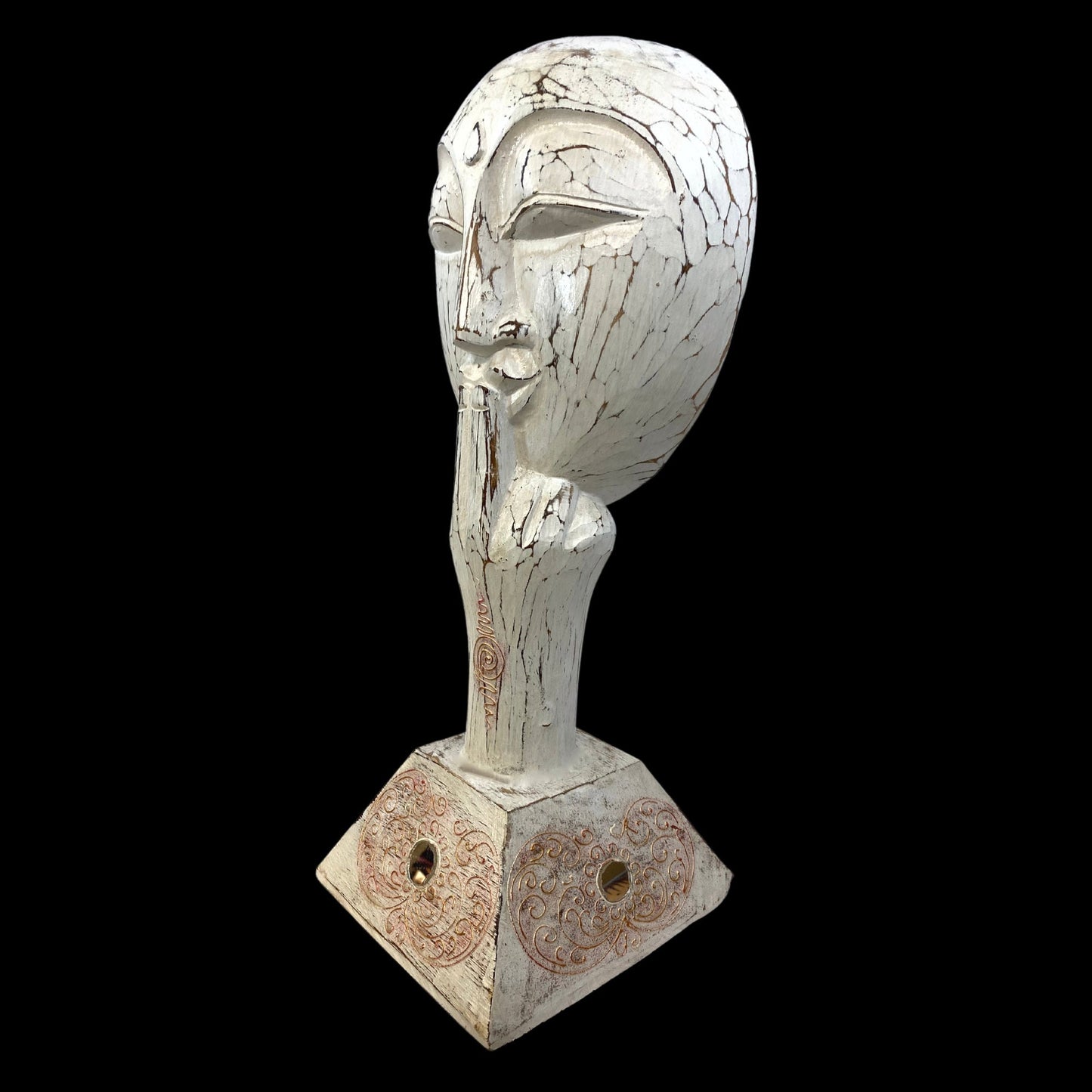 Balinese White Buddha Silence Mask Sculpture Shush Wall Art hand carved wood Bali Vintage style