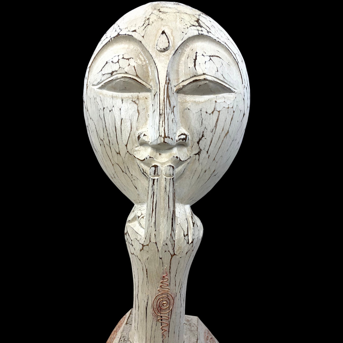 Balinese White Buddha Silence Mask Sculpture Shush Wall Art hand carved wood Bali Vintage style