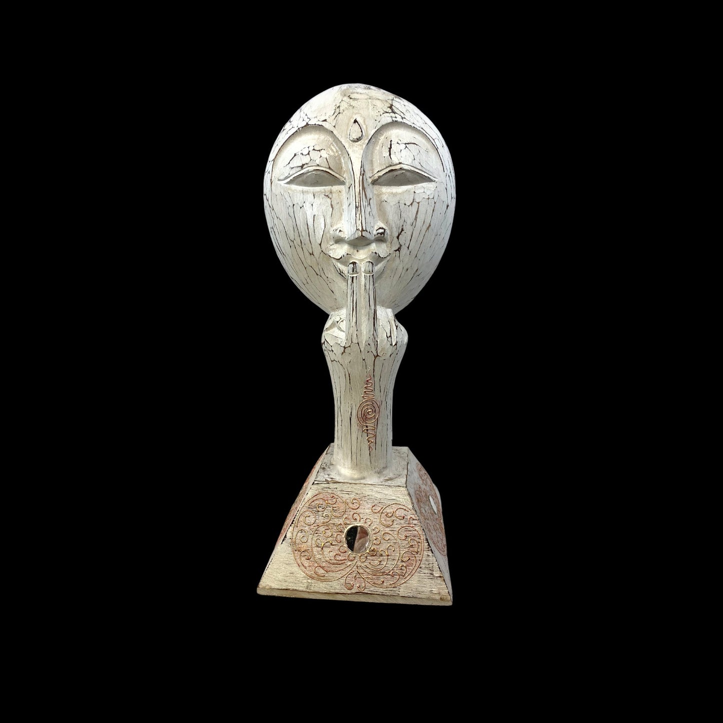 Balinese White Buddha Silence Mask Sculpture Shush Wall Art hand carved wood Bali Vintage style