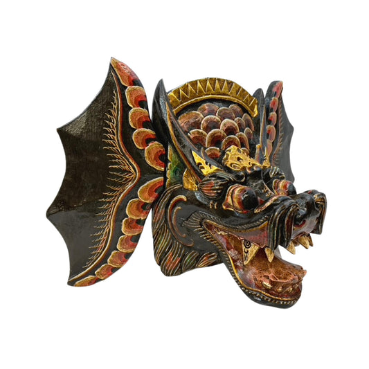 Black Winged Dragon Head Naga Mask Hand Painted Polychrome Mask Wall art hand carved wood Bali Folk Art