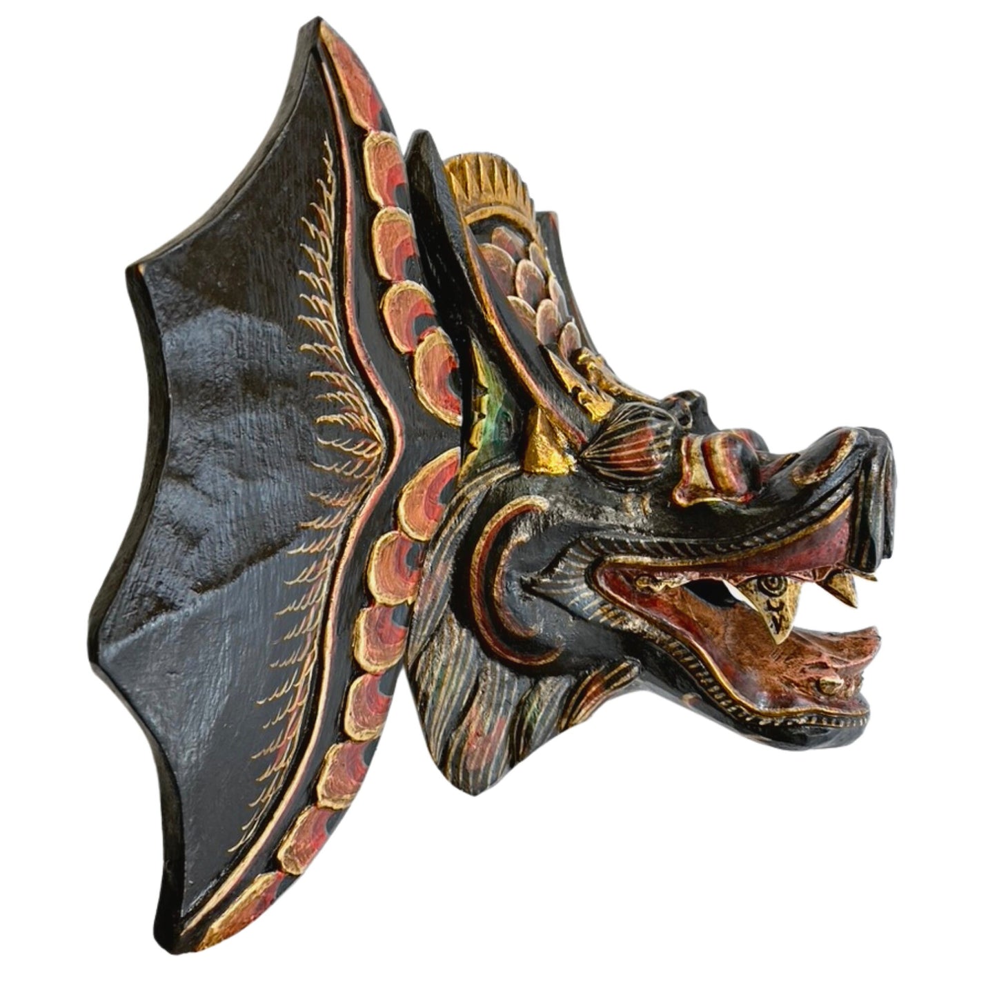 Black Winged Dragon Head Naga Mask Hand Painted Polychrome Mask Wall art hand carved wood Bali Folk Art