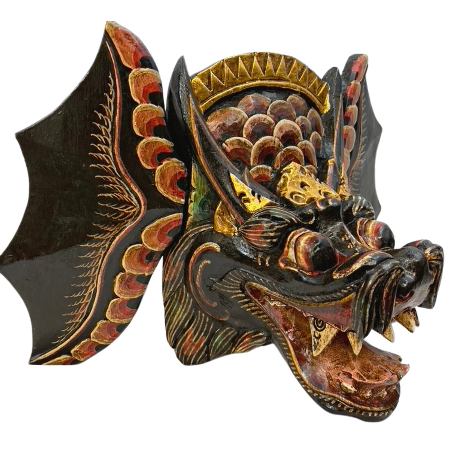 Black Winged Dragon Head Naga Mask Hand Painted Polychrome Mask Wall art hand carved wood Bali Folk Art