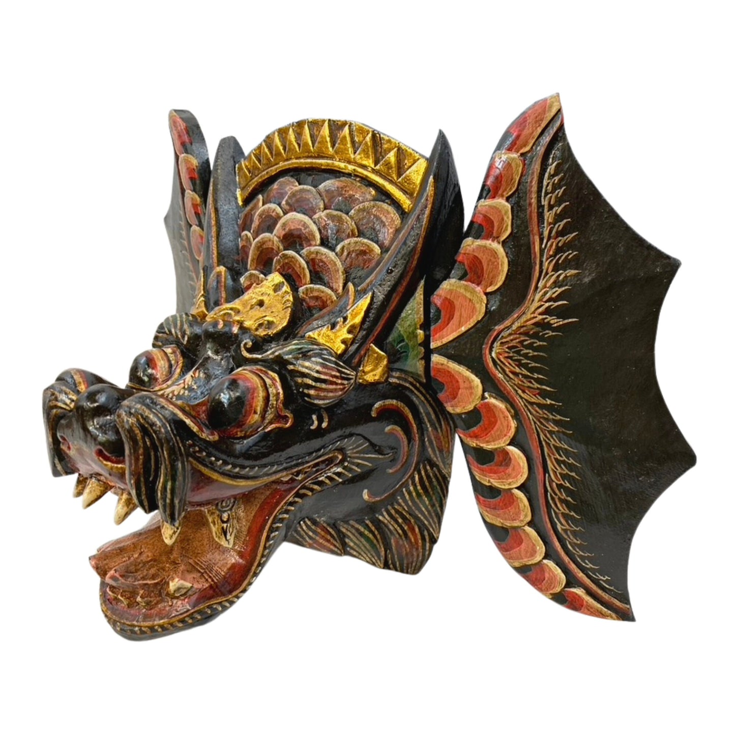 Black Winged Dragon Head Naga Mask Hand Painted Polychrome Mask Wall art hand carved wood Bali Folk Art