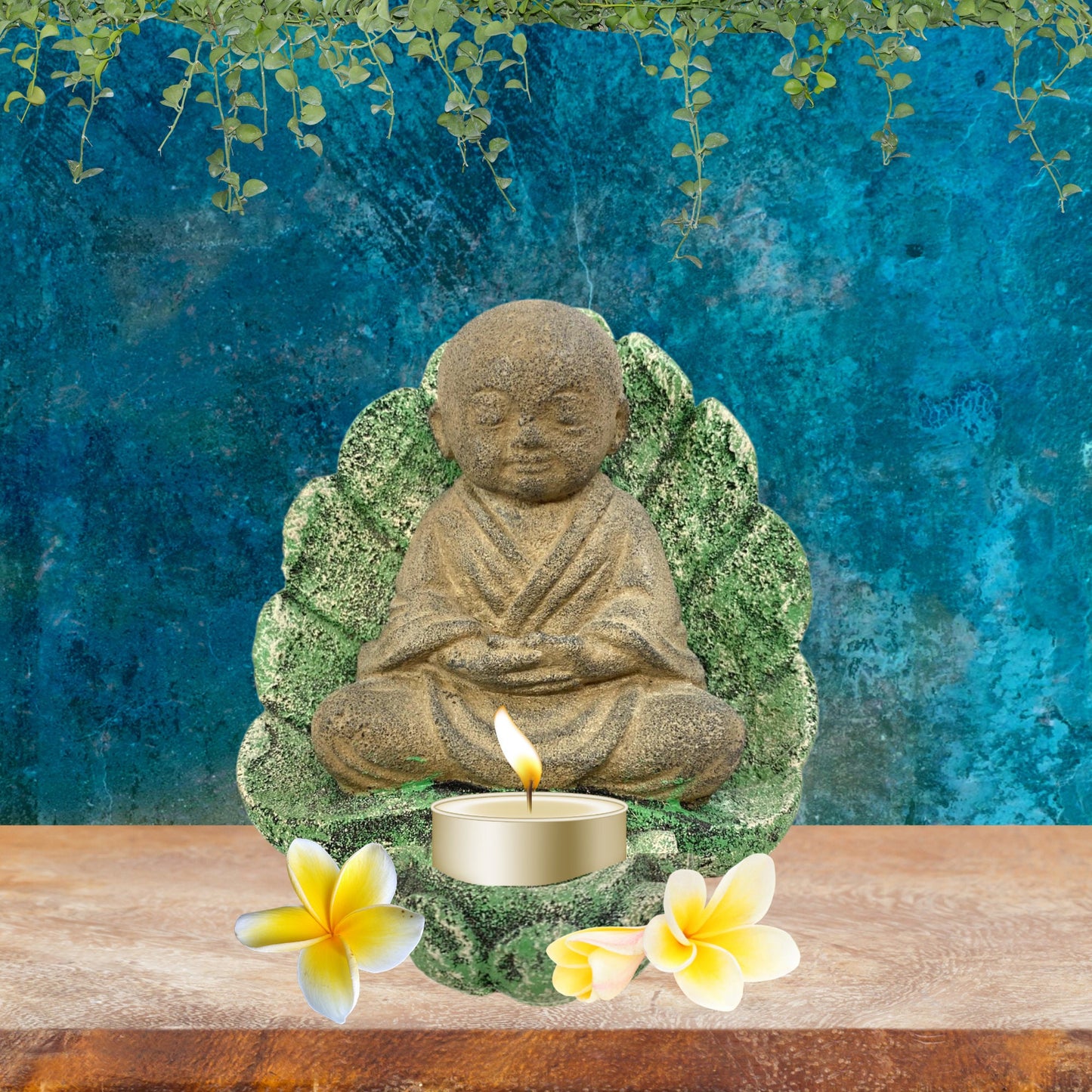 Little Namaste' Buddha Statue Candle holder cone incense holder Shaolin Monk Garden art cast LAVA STONE Asian yard Decor - Acadia World Traders