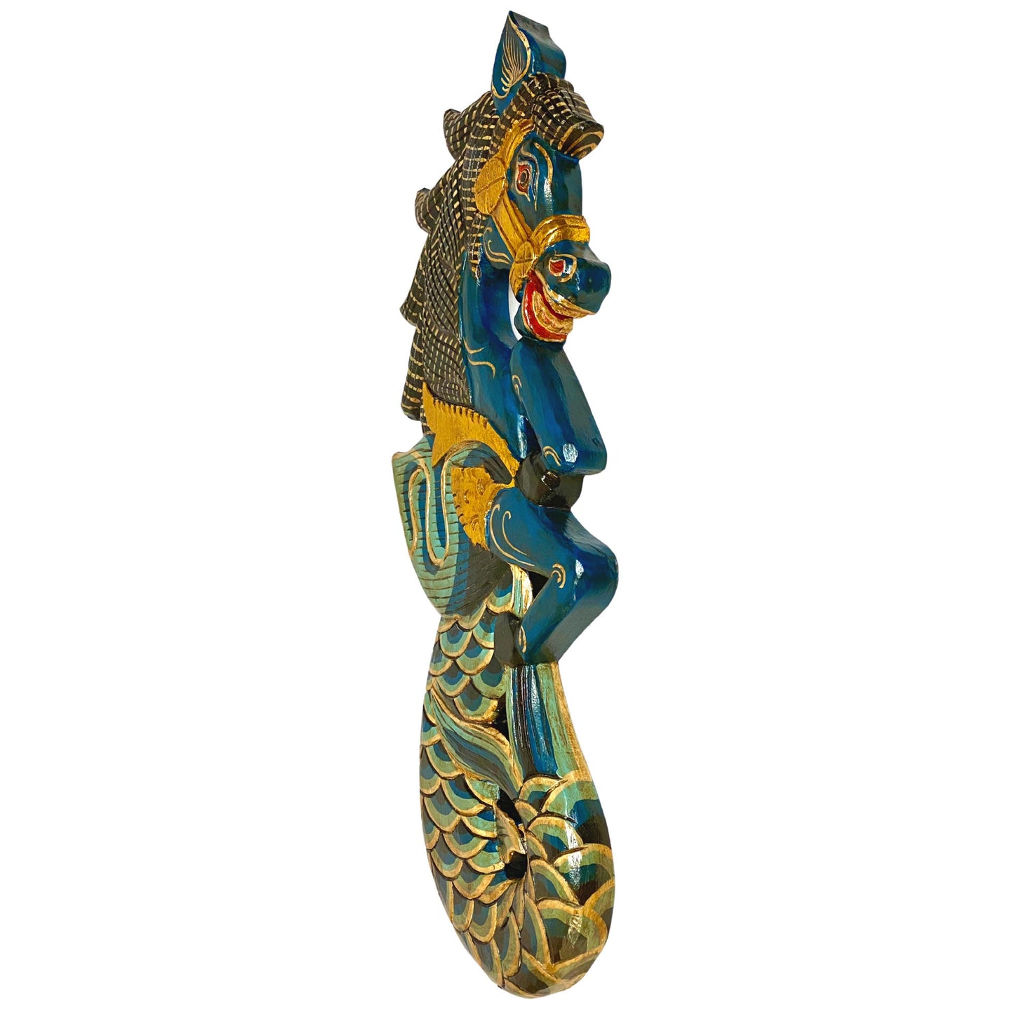 Balinese Winged Seahorse Sea Horse Wall Art Decorative Panel Mermaid Hand Carved Wood Carving Painted Wall Sculpture Bali Folk Art Teal - Acadia World Traders