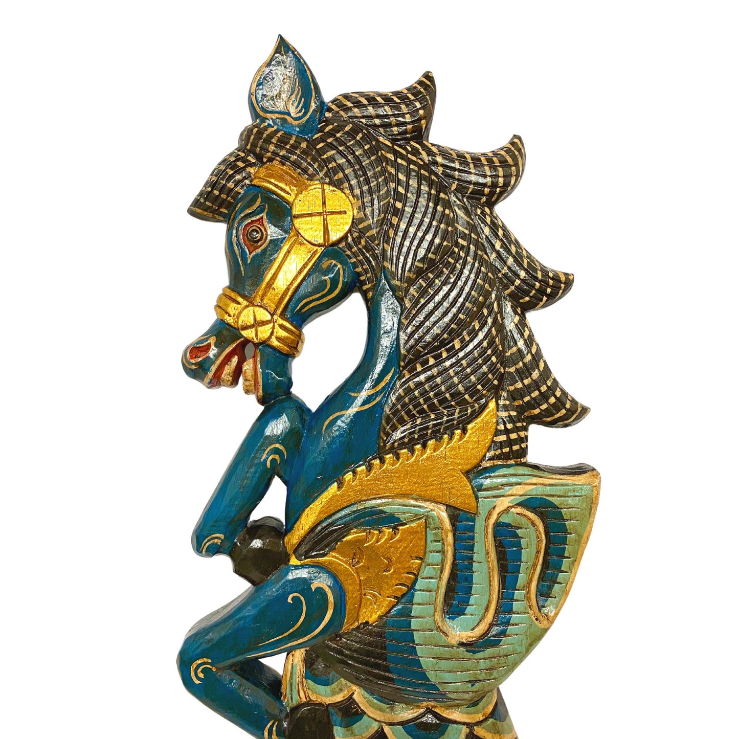 Balinese Winged Seahorse Sea Horse Wall Art Decorative Panel Mermaid Hand Carved Wood Carving Painted Wall Sculpture Bali Folk Art Teal - Acadia World Traders