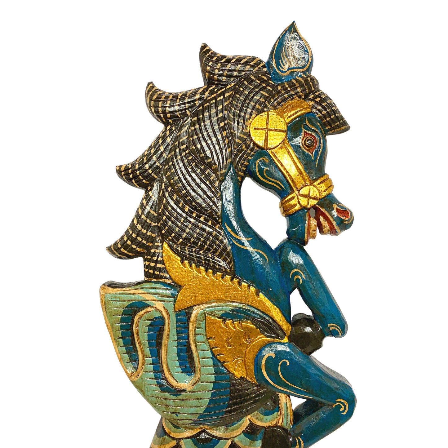 Balinese Winged Seahorse Sea Horse Wall Art Decorative Panel Mermaid Hand Carved Wood Carving Painted Wall Sculpture Bali Folk Art Teal - Acadia World Traders