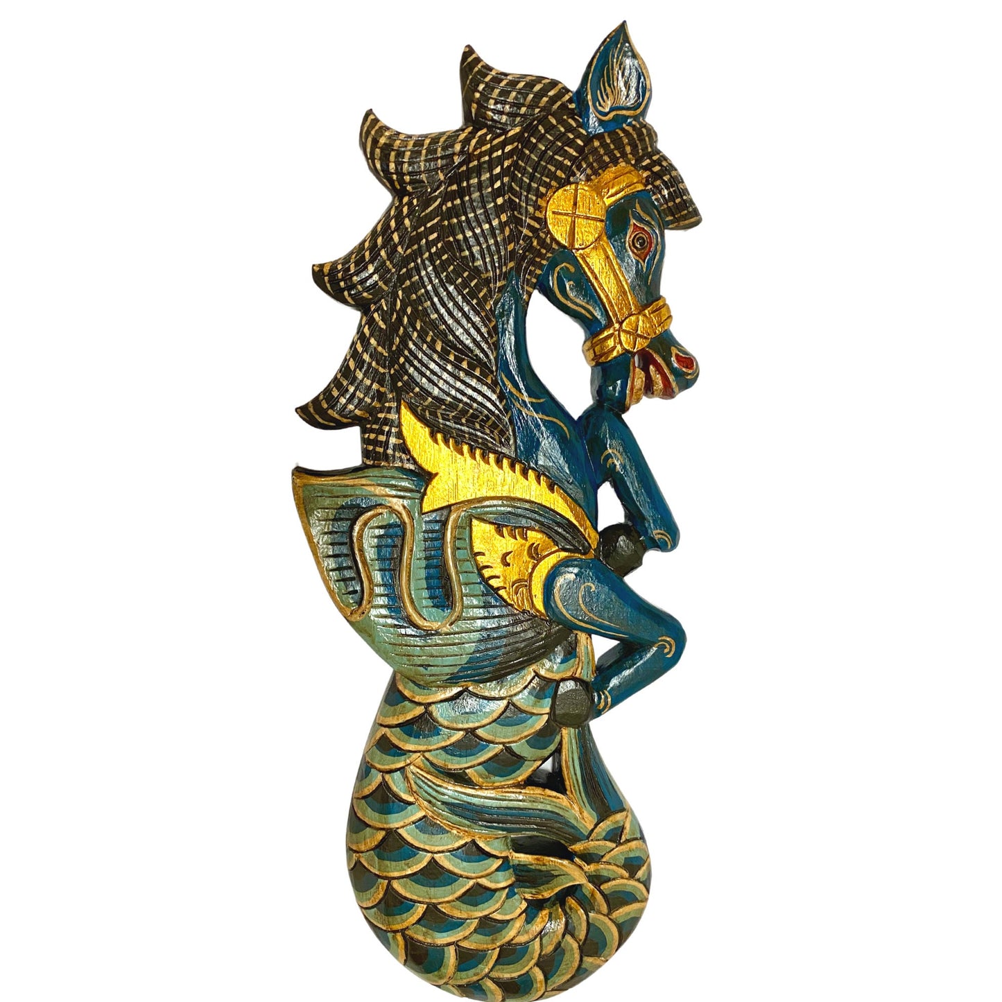 Balinese Winged Seahorse Sea Horse Wall Art Decorative Panel Mermaid Hand Carved Wood Carving Painted Wall Sculpture Bali Folk Art Teal - Acadia World Traders