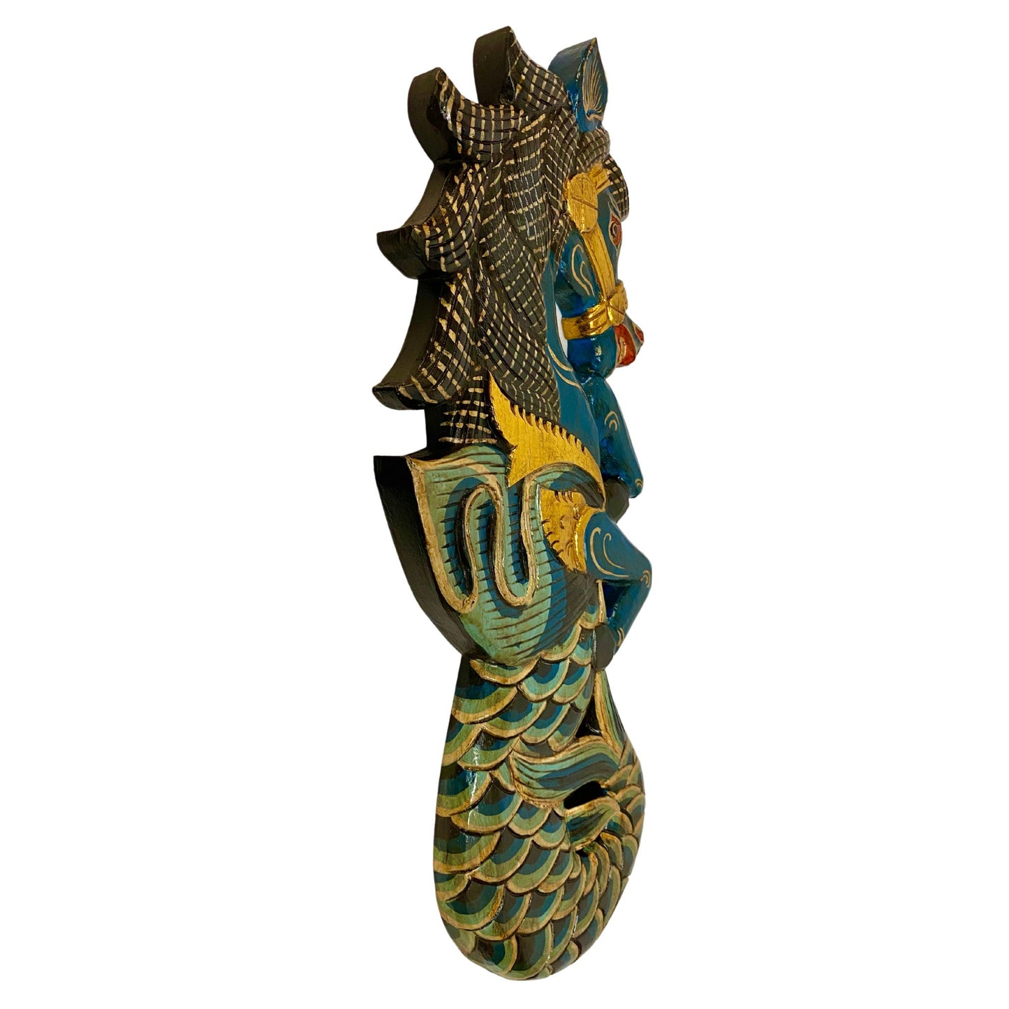 Balinese Winged Seahorse Sea Horse Wall Art Decorative Panel Mermaid Hand Carved Wood Carving Painted Wall Sculpture Bali Folk Art Teal - Acadia World Traders