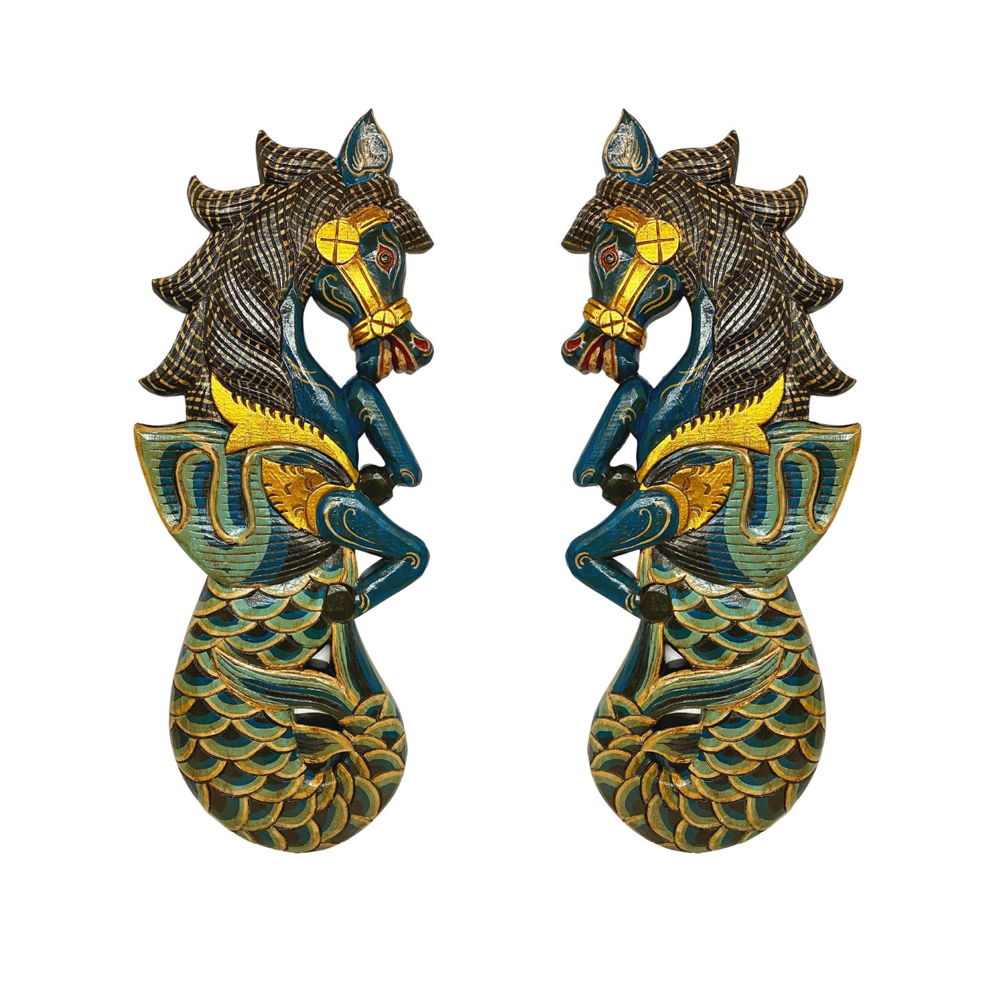 Balinese Winged Seahorse Sea Horse Wall Art Decorative Panel Mermaid Hand Carved Wood Carving Painted Wall Sculpture Bali Folk Art Teal - Acadia World Traders