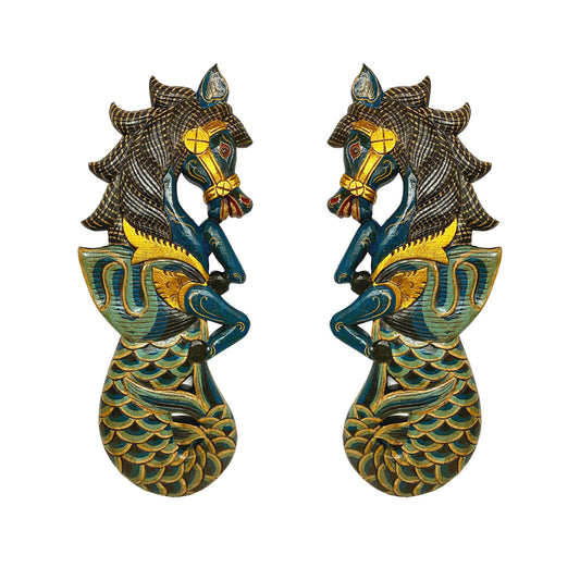 Balinese Winged Seahorse Sea Horse Wall Art Decorative Panel Mermaid Hand Carved  Wood Carving Painted Wall Sculpture Bali Folk Art Teal - Acadia World Traders