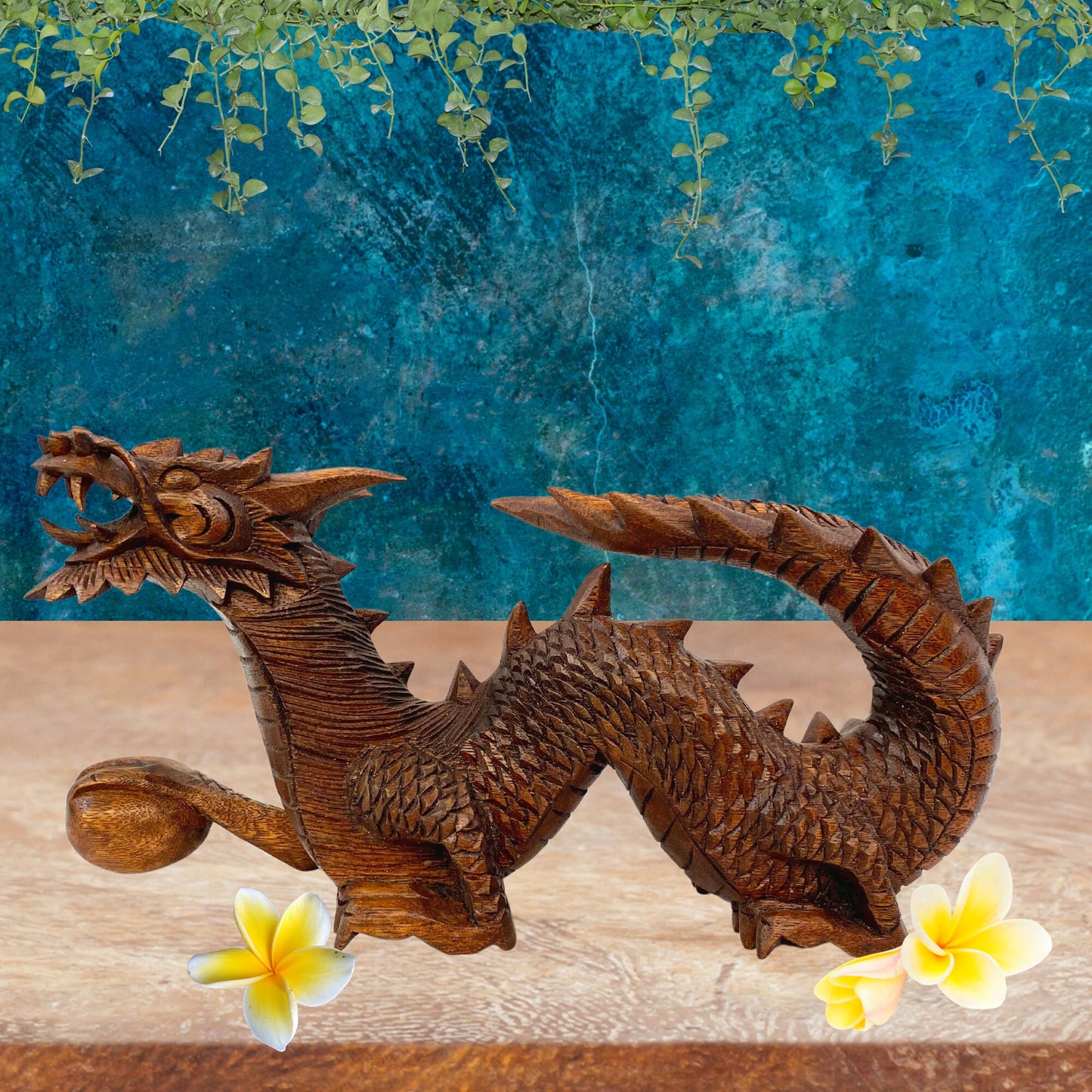 Asian Dragon Naga with Wishing Pearl Statue hand carved Suar wood Sculpture Indonesian Balinese Art Prosperity Abundance