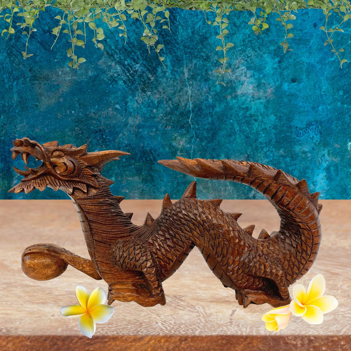 Hand Carved Wood Dragon Statue: Balinese Naga Sculpture, Asian Art Decor