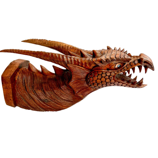 Horned Dragon Head Wall Mount Mask Gothic style Medieval Handmade Wall art hand carved Suar wood Balinese Art - Acadia World Traders
