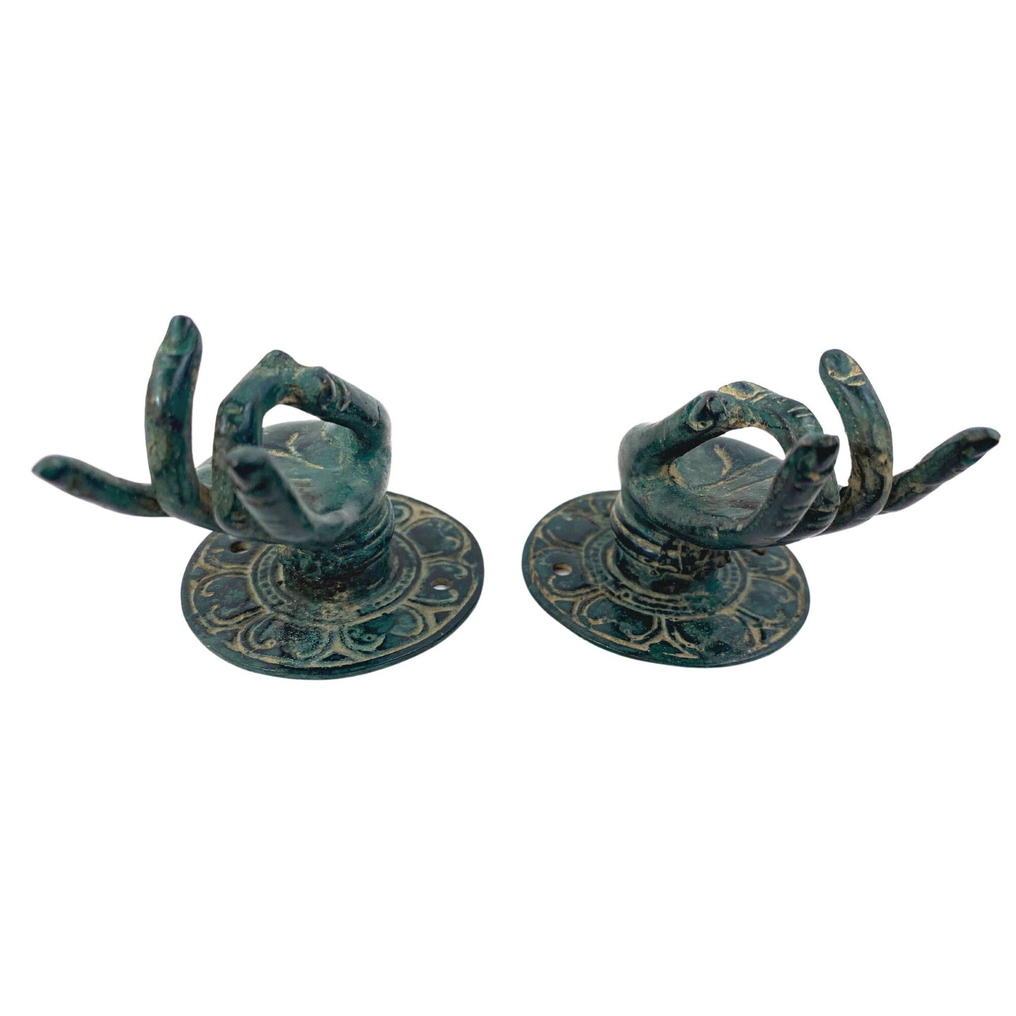 Buddha Blessing Mudra Hands Door Handle Knob Cabinet Pull wall hook Lost wax cast Verdigris Solid Bronze Bali Art Set 2 - Acadia World Traders