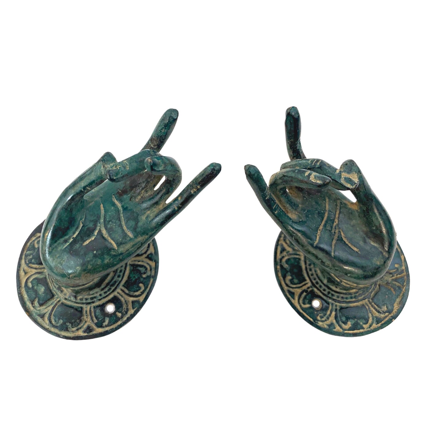 Buddha Blessing Mudra Hands Door Handle Knob Cabinet Pull wall hook Lost wax cast Verdigris Solid Bronze Bali Art Set 2 - Acadia World Traders