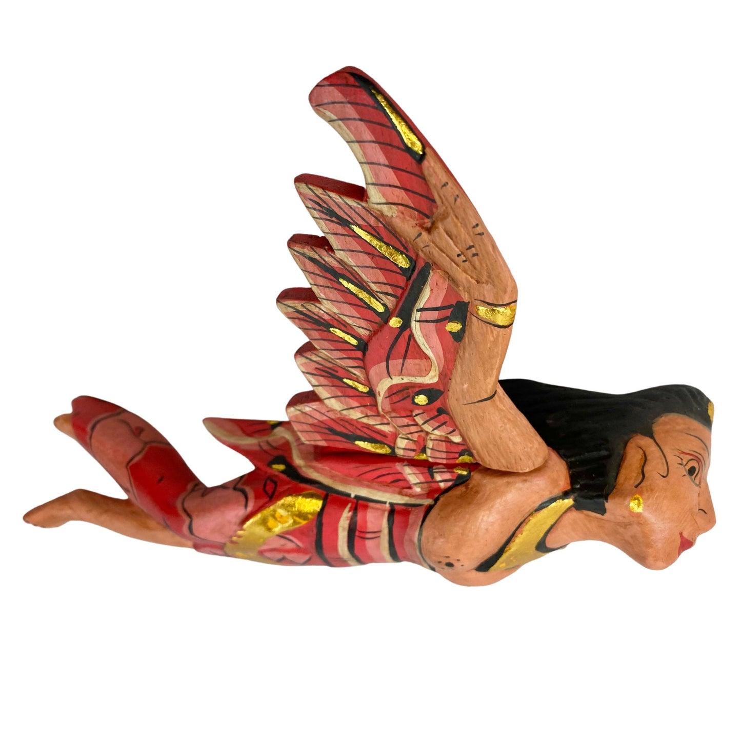 Flying Winged Dewi Sri Goddess Mobile Spiritchaser Crib Angel Balinese Folk art Carved Wood Bali art red 8"