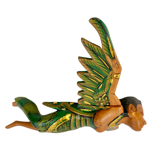 Flying Winged Dewi Sri Goddess Mobile Spirit chaser Crib Guardian Carved Wood Balinese Folk art Green 8"