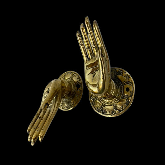 Buddha Mudra Hands Blessing Handle Door Pull Knob Cabinet Pull Wall Hook Handcrafted Bronze Metal Balinese Folk Art Boho Home decor Set of 2