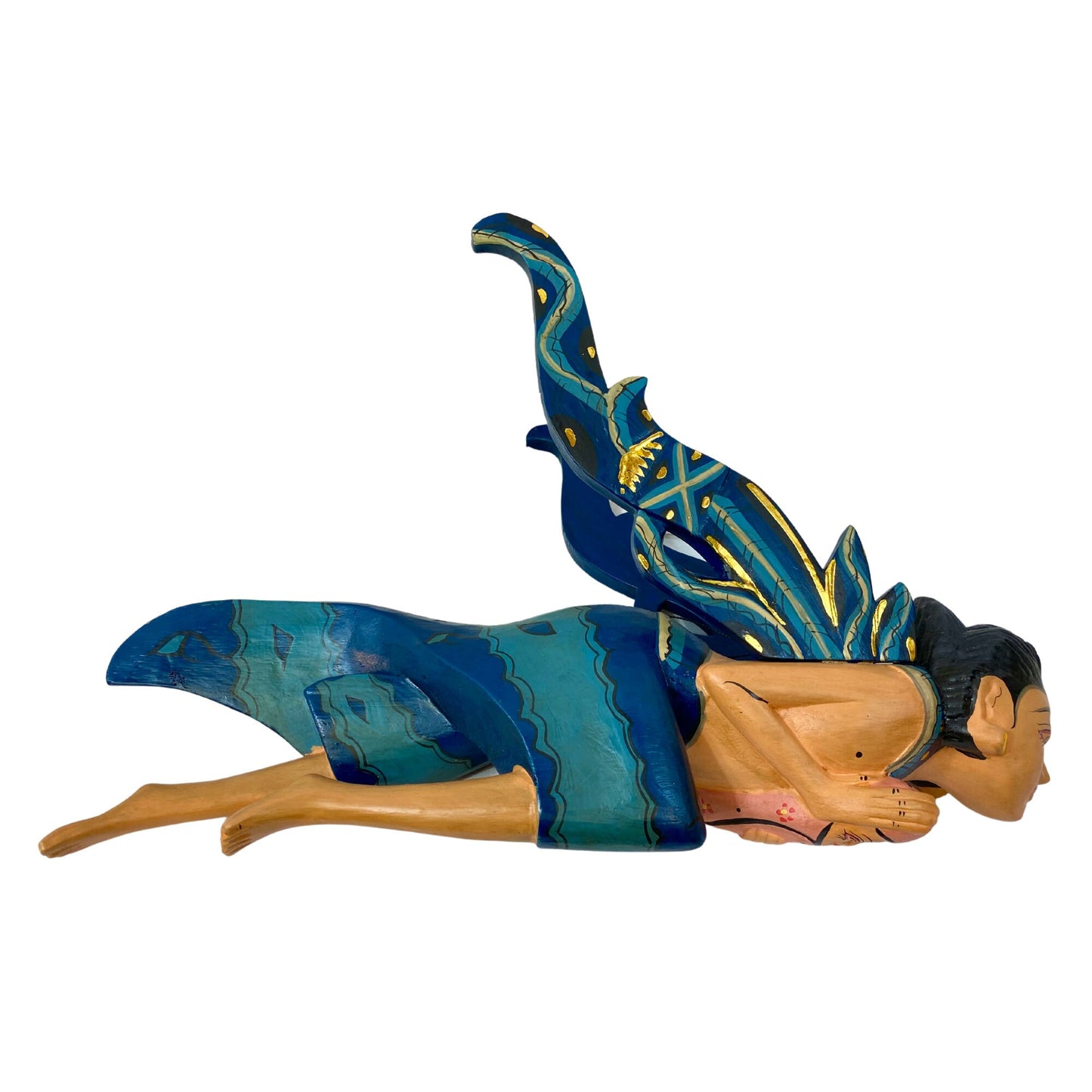 Winged Dewi Sri Fertility Goddess Mobile Spiritchaser Hand Carved Wood Teal Mother & Baby Carving Balinese folk art