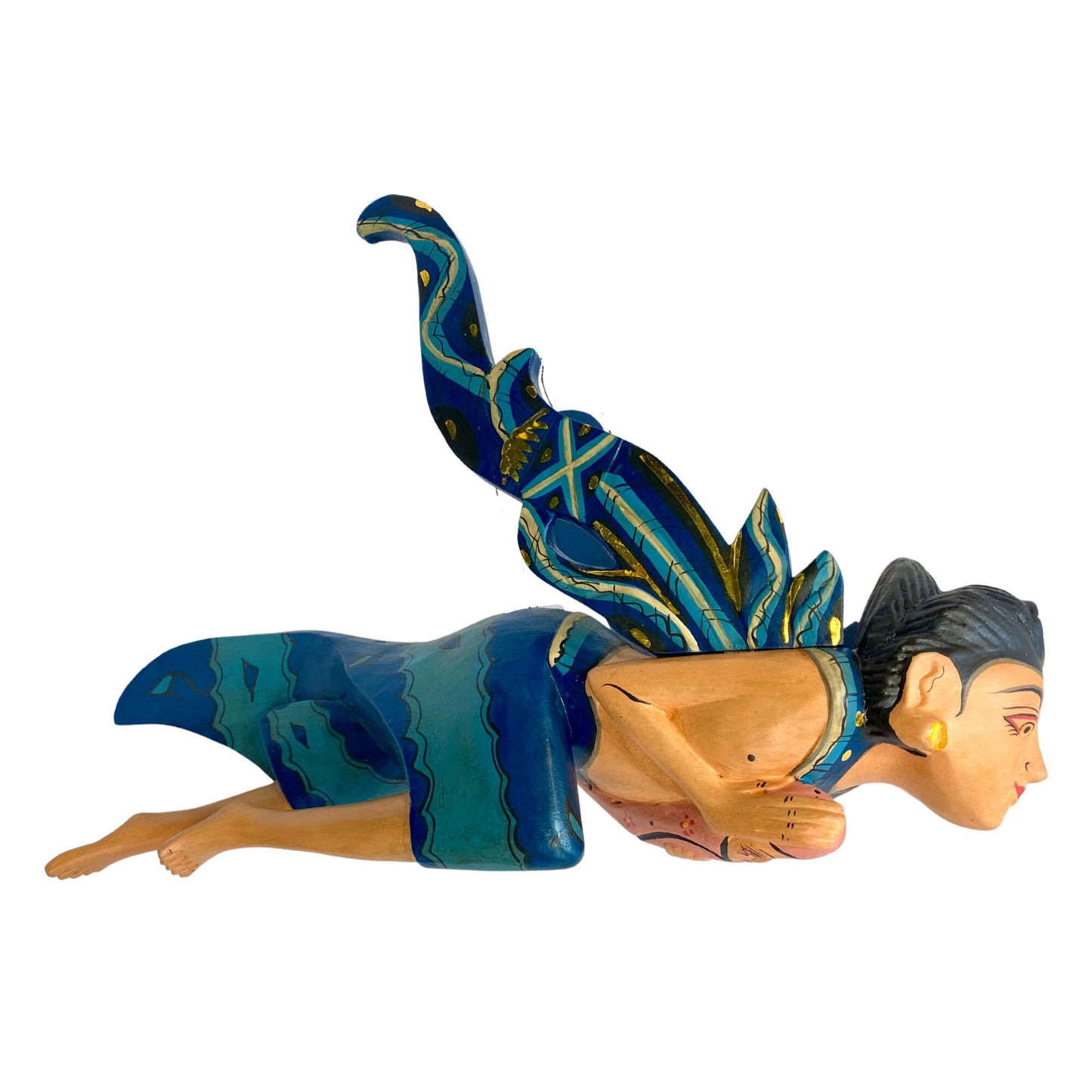 Winged Dewi Sri Fertility Goddess Mobile Spiritchaser Hand Carved Wood Teal Mother & Baby Carving Balinese folk art