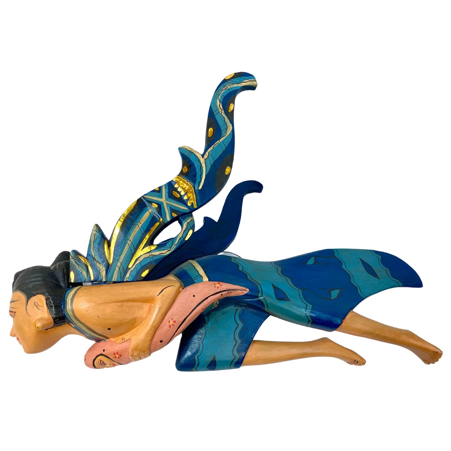 Winged Dewi Sri Fertility Goddess Mobile Spiritchaser Hand Carved Wood Teal Mother & Baby Carving Balinese folk art