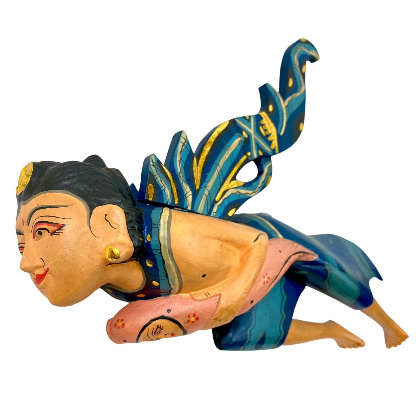 Winged Dewi Sri Fertility Goddess Mobile Spiritchaser Hand Carved Wood Teal Mother & Baby Carving Balinese folk art
