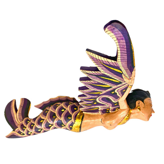 Bali Winged Mermaid Goddess Mobile,  Demon Chaser Cradle Guardian, Hand Carved Wood, Balinese Folk art Purple 16" - Acadia World Traders