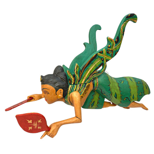 Flying Dewi Ratih Moon Lunar Goddess Mobile Crib Guardian Hand Carved Wood Bali Folk Art Green 16" - Acadia World Traders