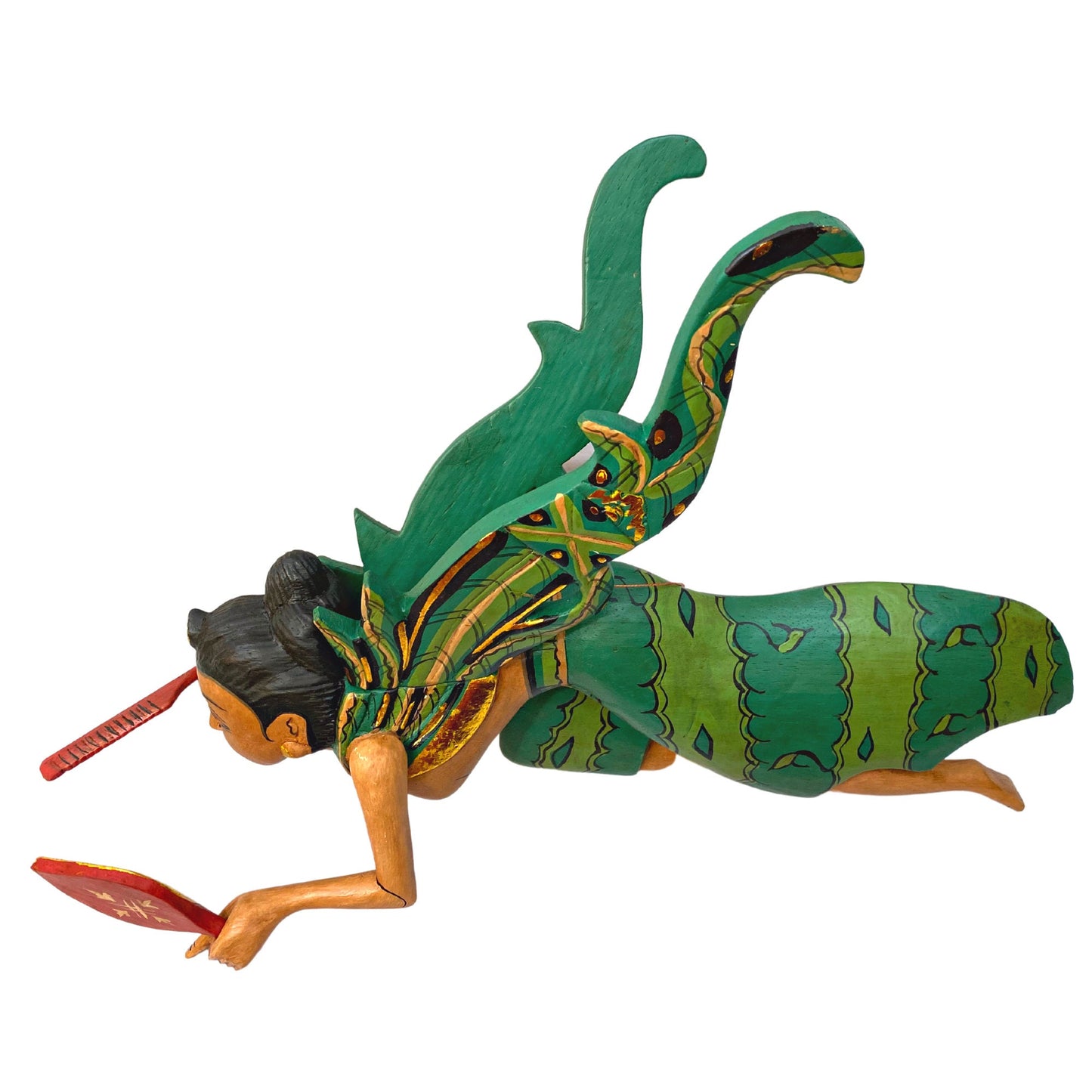 Flying Dewi Ratih Moon Lunar Goddess Mobile Crib Guardian Hand Carved Wood Bali Folk Art Green 16" - Acadia World Traders