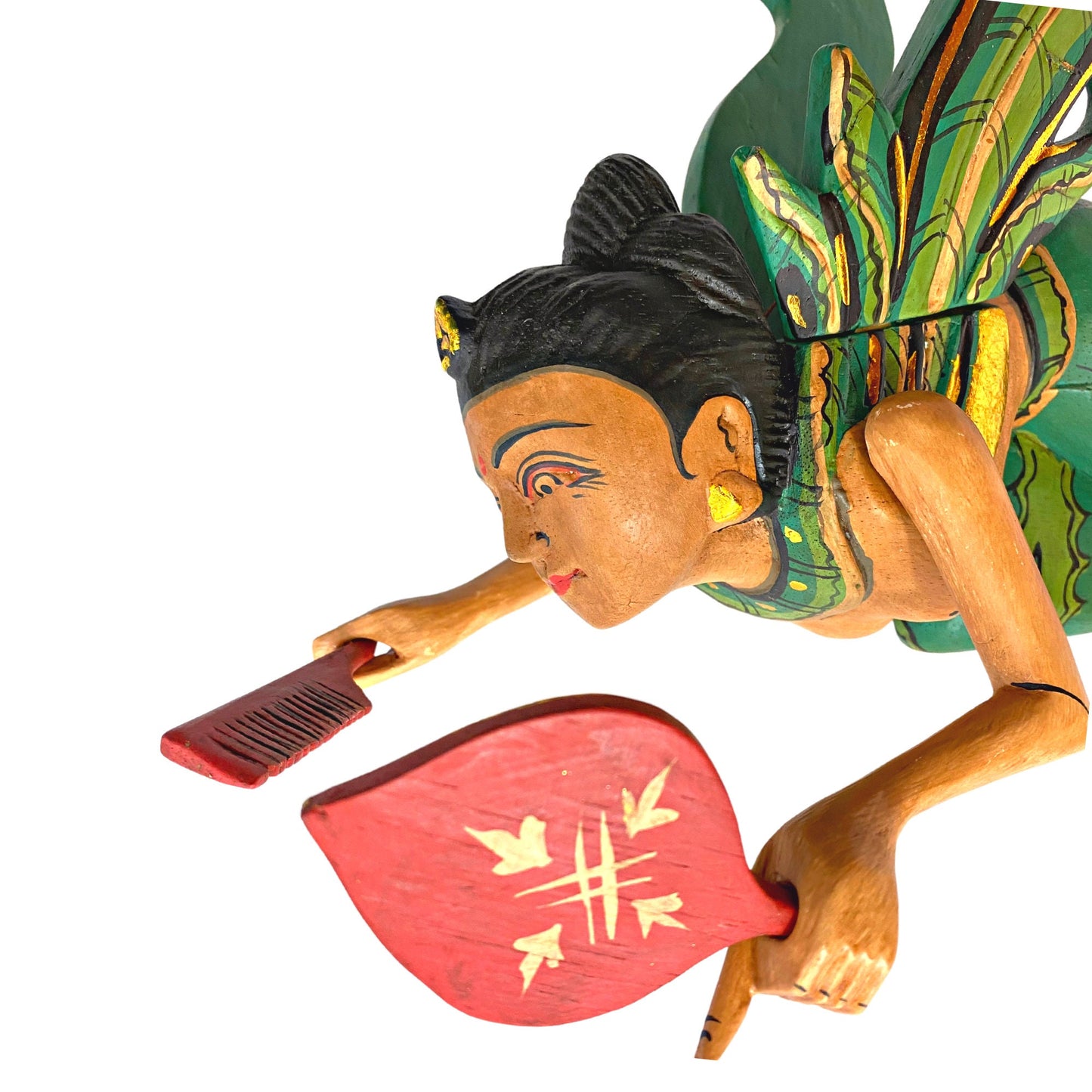 Flying Dewi Ratih Moon Lunar Goddess Mobile Crib Guardian Hand Carved Wood Bali Folk Art Green 16" - Acadia World Traders