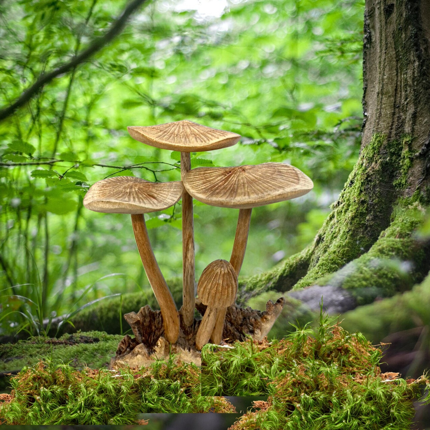 Magic Forest Mushroom Carving Parasite Wood Statue Balinese Art Sculpture - Acadia World Traders