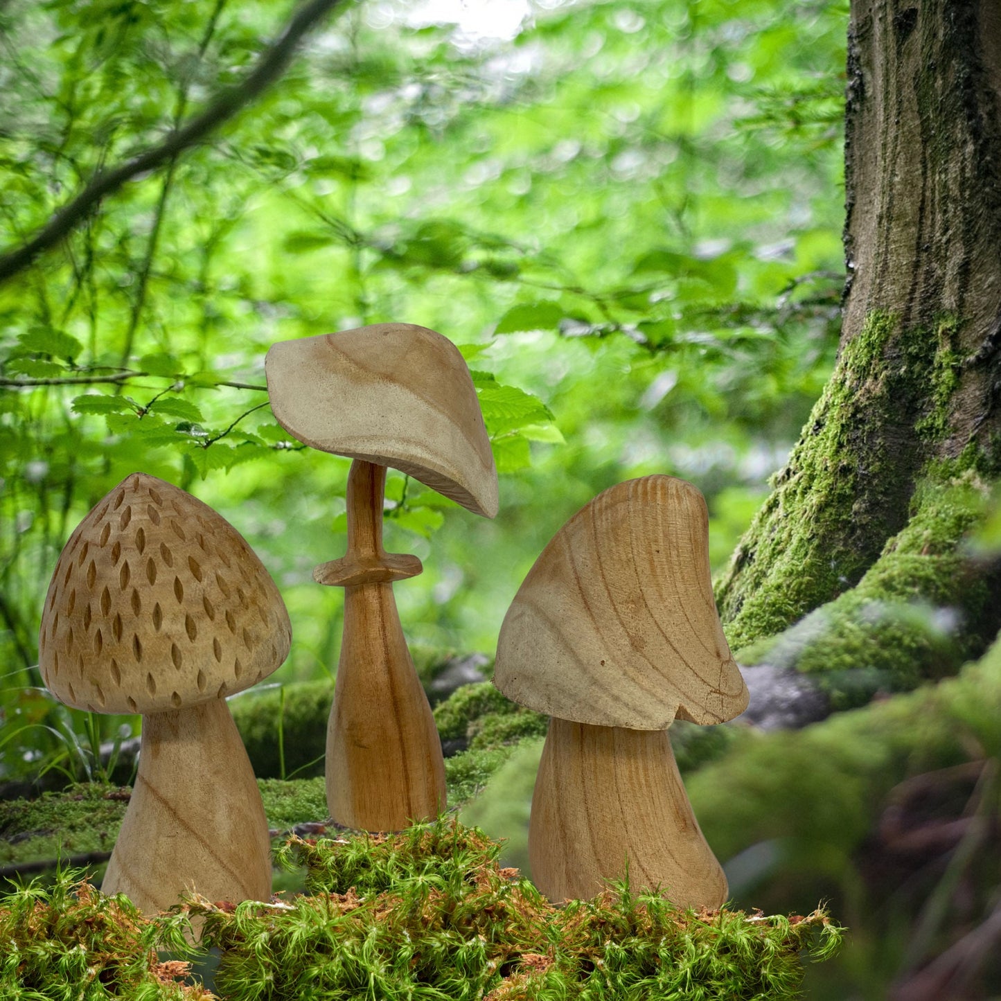 Magic Bali Mushroom Hand Carved Wood statue Set of 3 toadstool hand carved Fungi Toadstool Wood carving sculpture Nature Decor - Acadia World Traders