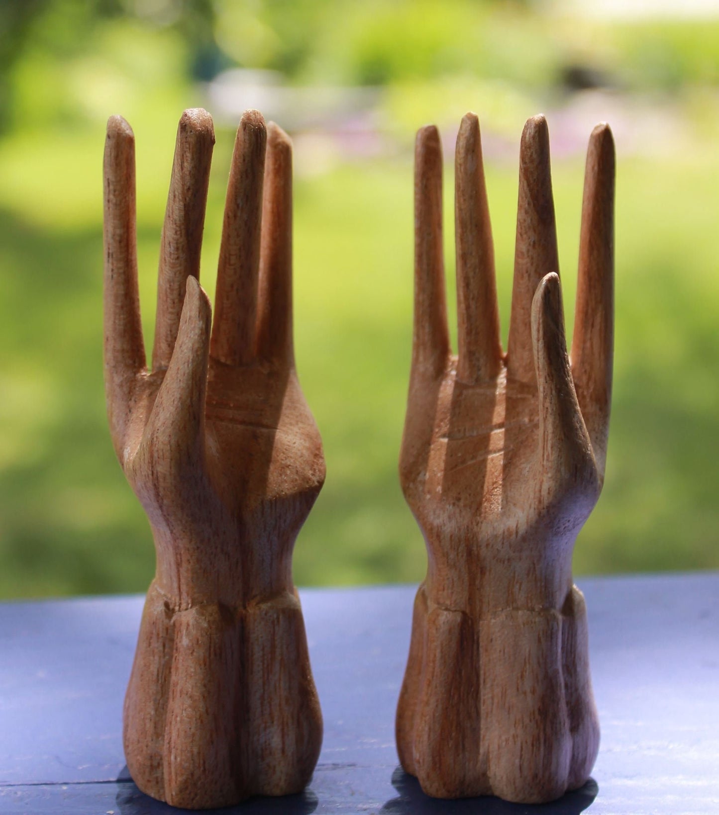 Buddha Mudra Hand Statue Ring Holder Namaste Blessing Hands Wood Carving Sculpture set 2 hand carved Balinese Folk art 4"