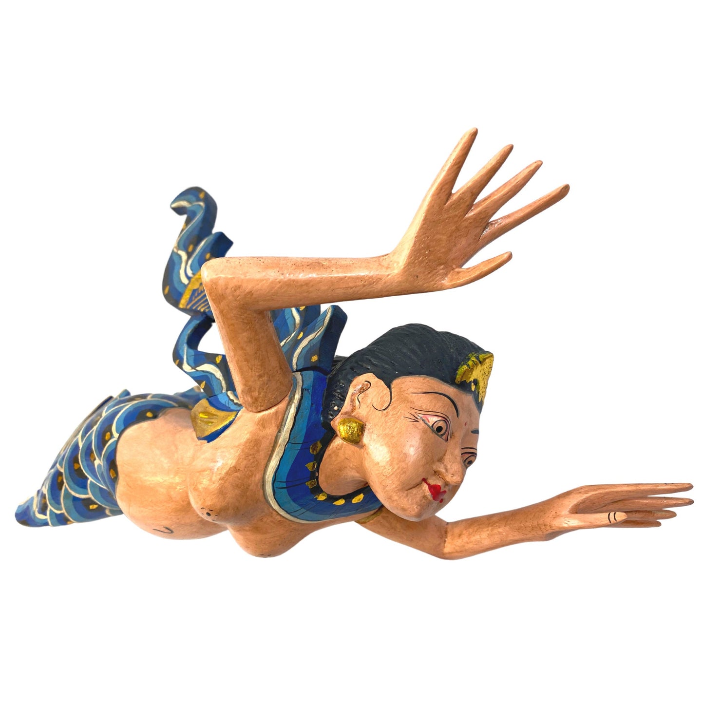 Winged Mermaid Goddess Hanging Mobile Spiritchaser Demon chaser Cradle guardian Hand Carved Painted wood Balinese Bali Folk art Teal 18" - Acadia World Traders