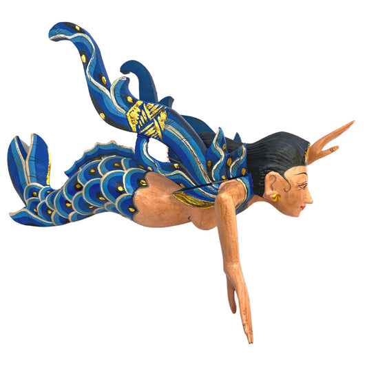 Winged Mermaid Goddess Hanging Mobile Spiritchaser Demon chaser Cradle guardian Hand Carved Painted wood Balinese Bali Folk art Teal 18" - Acadia World Traders