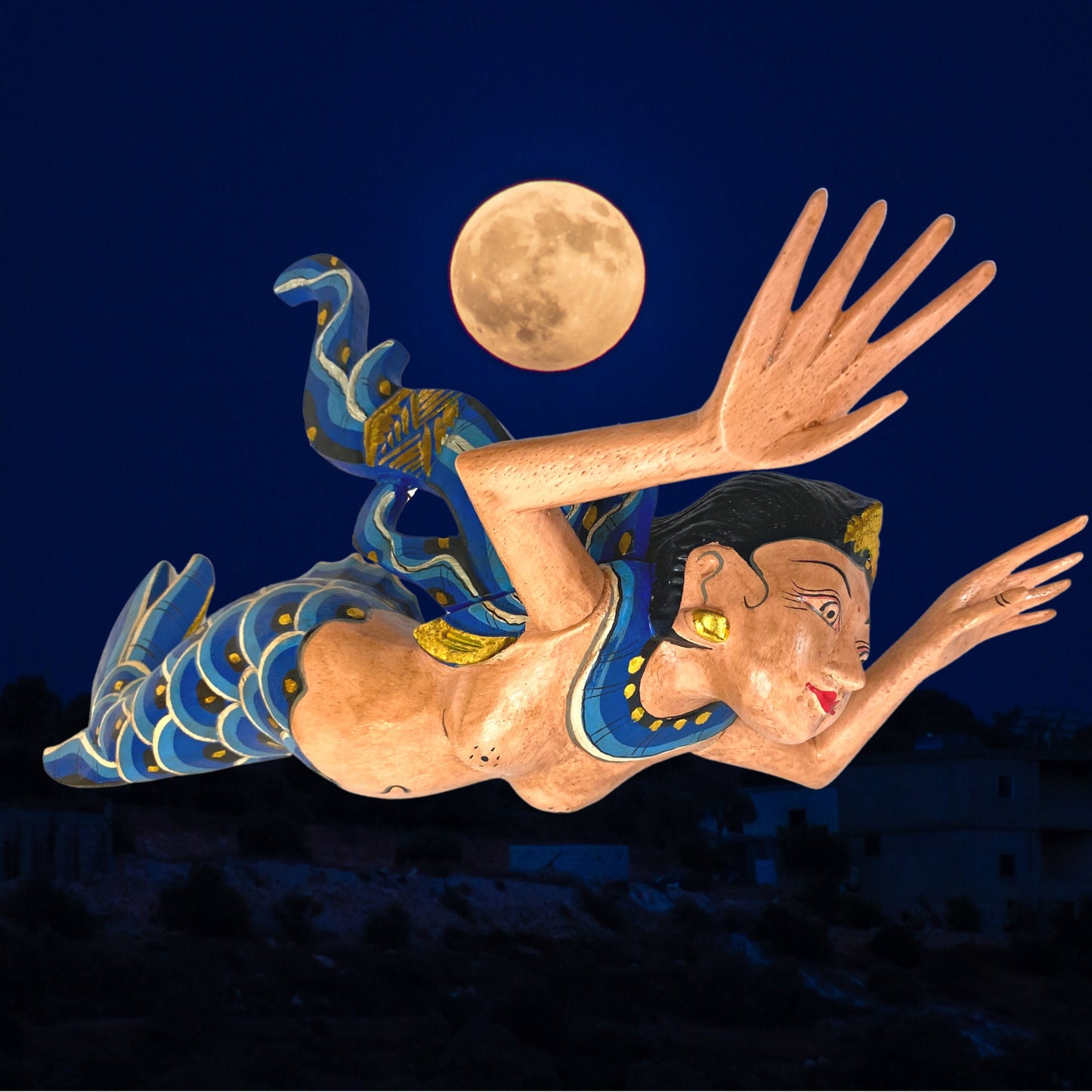 Hand Carved Winged Mermaid Spiritchaser Mobile: Balinese Carving, Demon Chaser, (Teal)