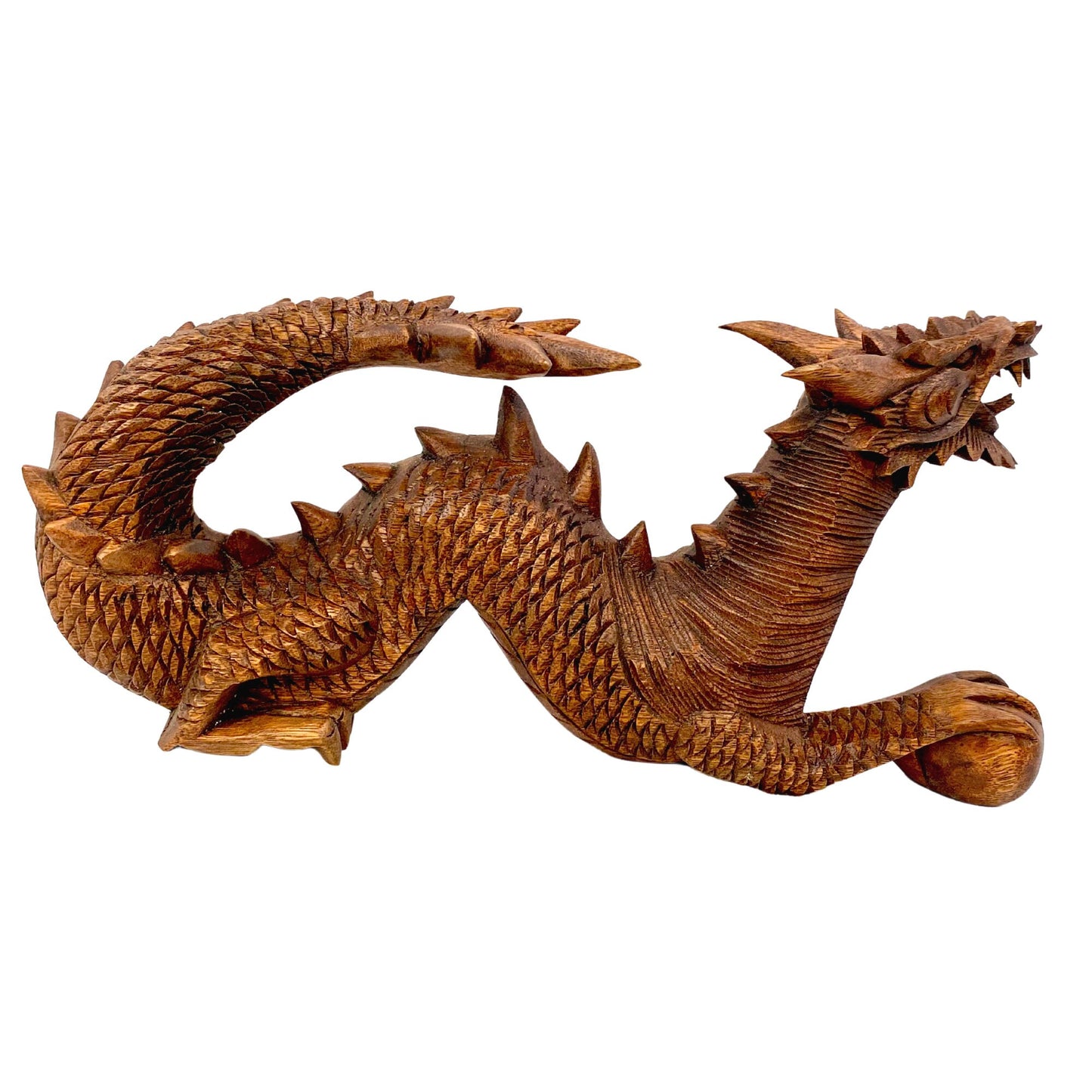 Asian Dragon Naga with Wishing Pearl Statue hand carved Suar wood Sculpture Indonesian Balinese Art Prosperity Abundance