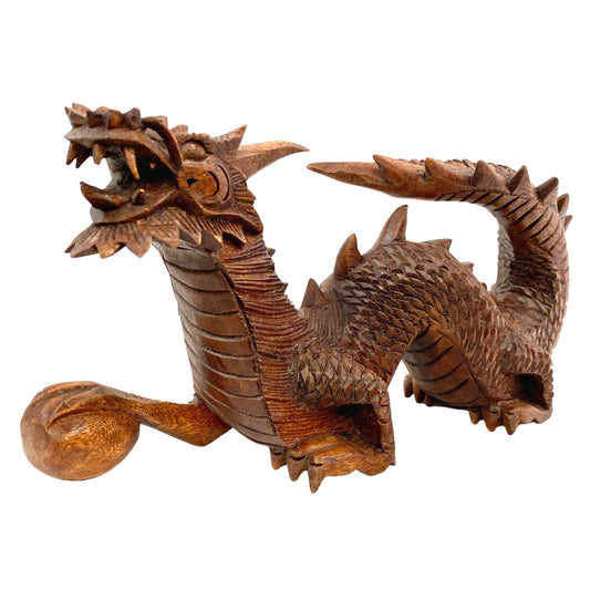 Asian Dragon Naga with Wishing Pearl Statue hand carved  Suar wood Sculpture Indonesian Balinese Art Prosperity Abundance