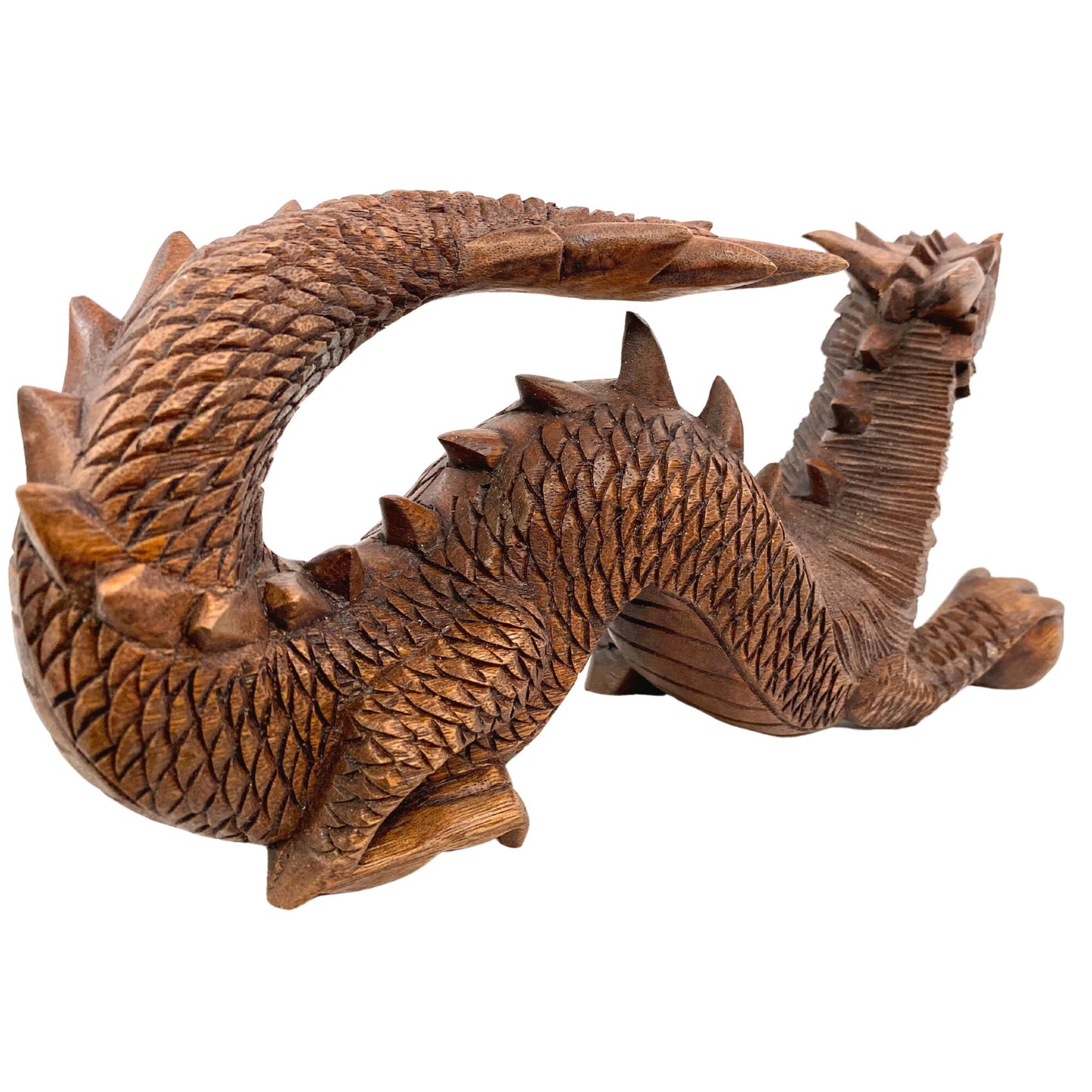 Asian Dragon Naga with Wishing Pearl Statue hand carved Suar wood Sculpture Indonesian Balinese Art Prosperity Abundance