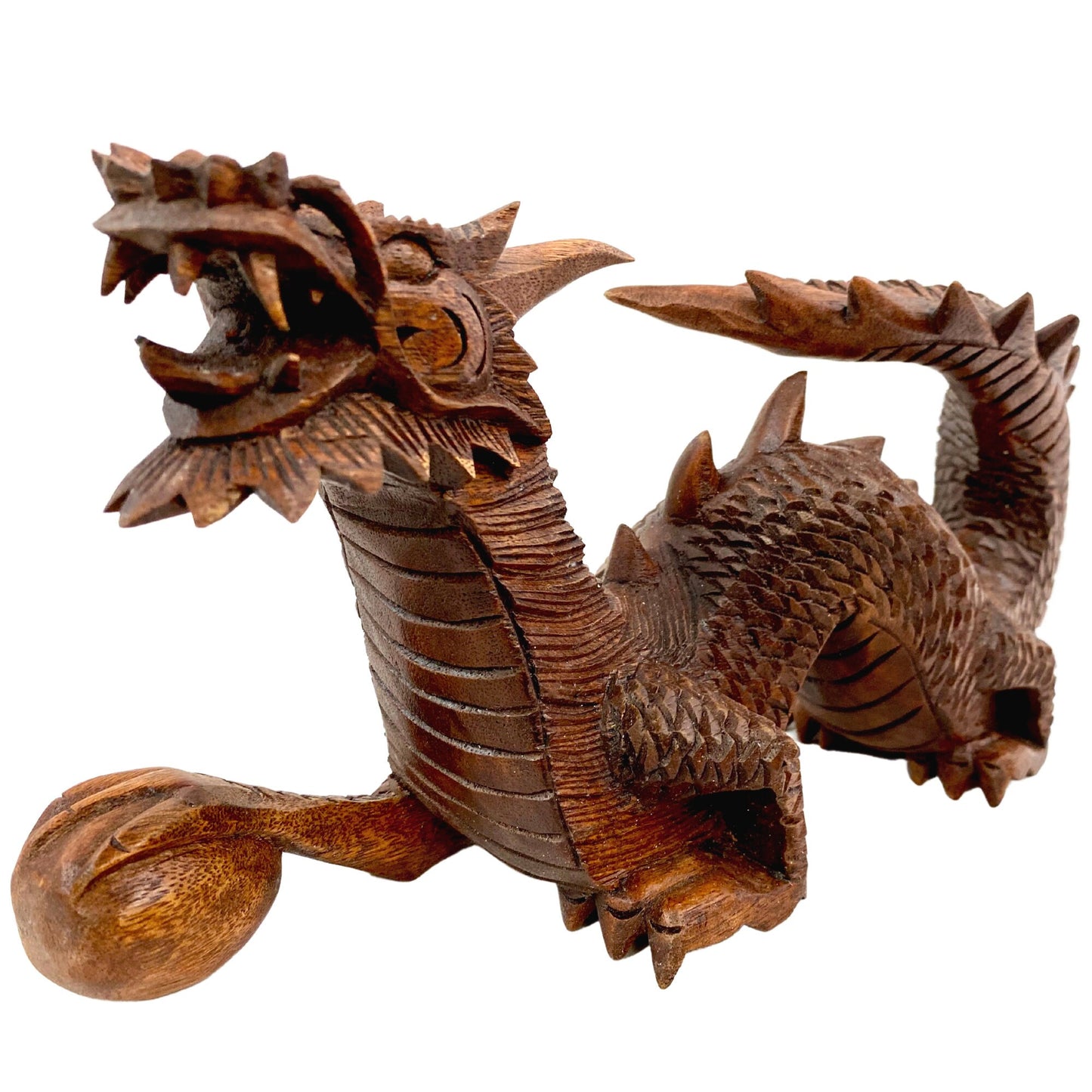 Asian Dragon Naga with Wishing Pearl Statue hand carved Suar wood Sculpture Indonesian Balinese Art Prosperity Abundance