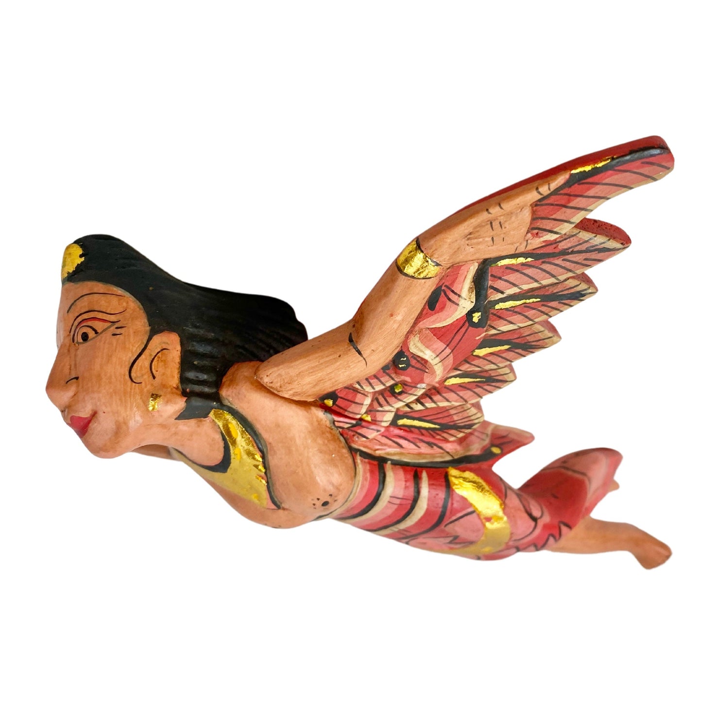 Flying Winged Dewi Sri Goddess Mobile Spiritchaser Crib Angel Balinese Folk art Carved Wood Bali art red 8"